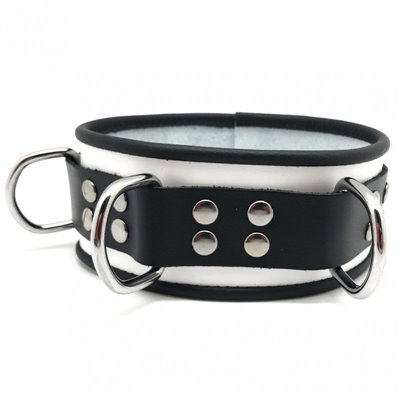 Leather collar- 3D ring - White/Black